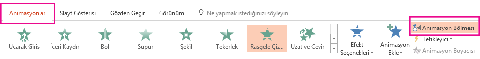 Animasyonlar Bölmesi seçeneği Animasyonlar sekmesindedir.