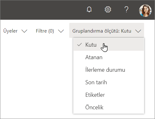 Planner'da Sepet seçildiğinde Gruplandır açılır menüsünün ekran görüntüsü