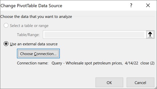 PivotTable Veri Kaynağını Değiştir iletişim kutusu