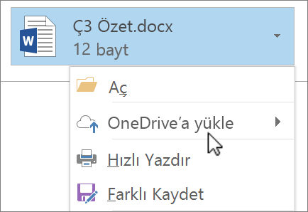 Karşıya Yükle komutunun seçili olduğu bir ekli dosyayı gösteren Outlook yazma penceresinin ekran görüntüsü.