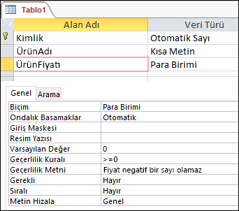 Access tablo tasarımcısında görüntülenen alan geçerlilik kuralı