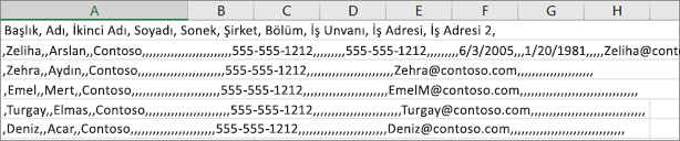 .xls biçiminde kaydedilmiş bir .csv dosyası örneği.