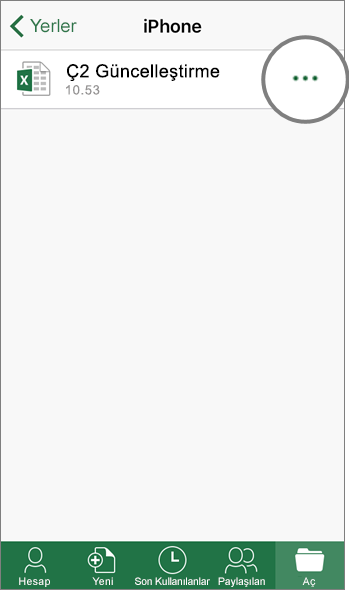 iOS cihazlar için Excel’in Yerler > iPhone ekranının ekran görüntüsü.