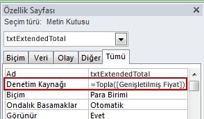 Bir metin kutusunun Denetim Kaynağı özelliğindeki bir ifade.