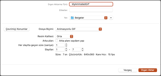 Mac için PowerPoint 2021'de Animasyonlu GIF olarak dışarı aktarma iletişim kutusu