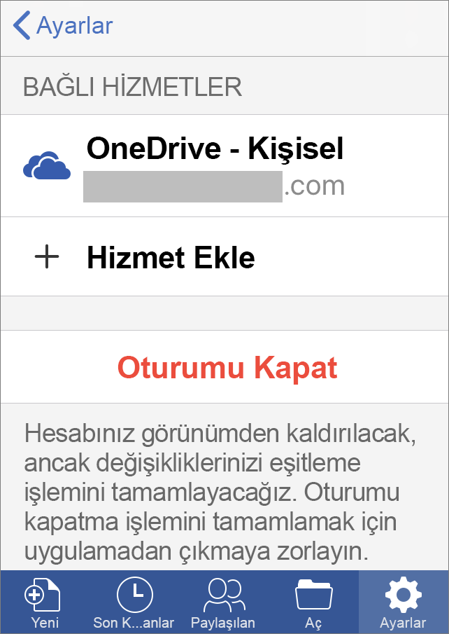 iOS için Office’te Oturum kapatma seçeneğini gösterir