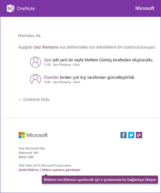 Örnek bir OneNote bildirim e-posta iletisi