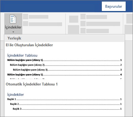 İçindekiler tablosu oluşturma