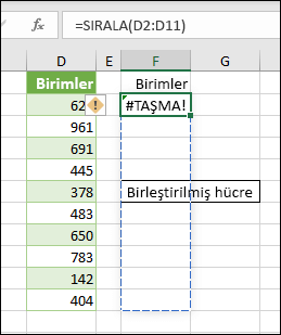 Excel’de #TAŞMA! hata - Birleştirilmiş hücreye taşma