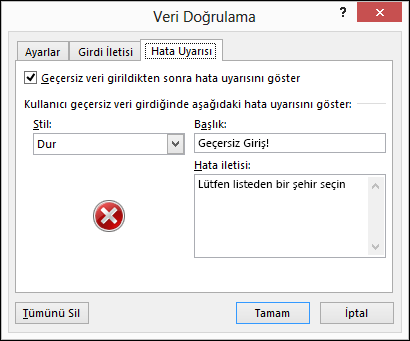 Veri Doğrulama Açılan Menü Hata İletisi seçenekleri