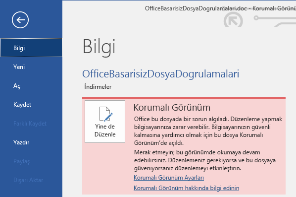 Office Dosya Doğrulama Başarısızlığı Backstage Korumalı Görünüm