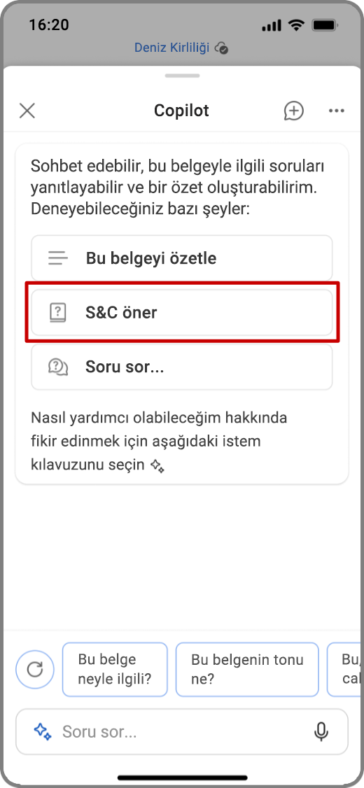 iOS cihazda Word'de Copilot'un Bazı Soru ve Cevapları Öner istemi vurgulanmış ekran görüntüsü