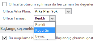 Office Teması açılır menüsü, Renkli, Koyu Gri ve Beyaz tema seçenekleri