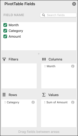 Excel PivotTable Alanları listesi iletişim kutusunun örneği