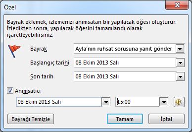 Anımsatıcılar, başlangıç ve bitiş tarihlerini ayarlamak için özel iletişim kutusu