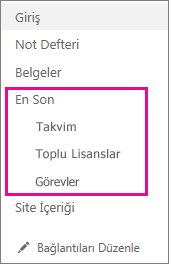 Hızlı Başlatma'daki En Son bağlantısı en son oluşturulan sayfaları, listeleri ve kitaplıkları görüntüler