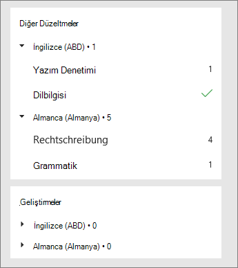 Düzeltmeler ve iyileştirmeler Düzenleyici bölmesinde dile göre listelenir.