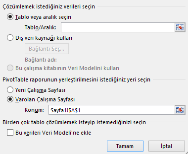 PivotTable oluşturma