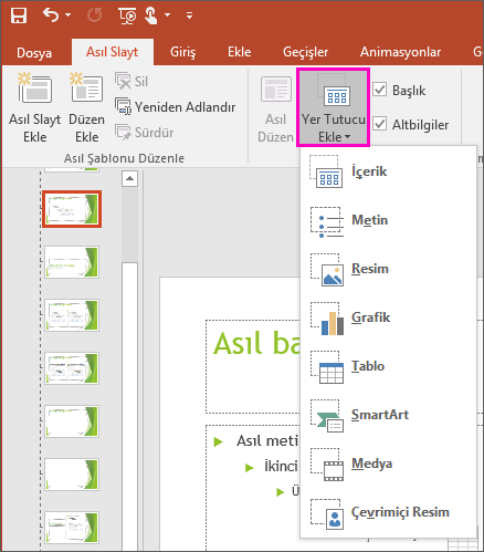 PowerPoint’teki Asıl Slayt Görünümü’nde bulunan Yer Tutucu Ekle düğmesini gösterir