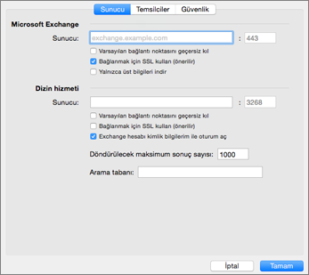 Exchange hesabının sunucu ayarları