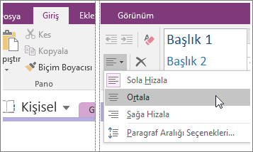 OneNote 2016’da Paragraf Hizala düğmesinin ekran görüntüsü.