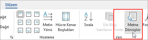 Metne Dönüştür seçeneği Düzen sekmesinde vurgulanır.