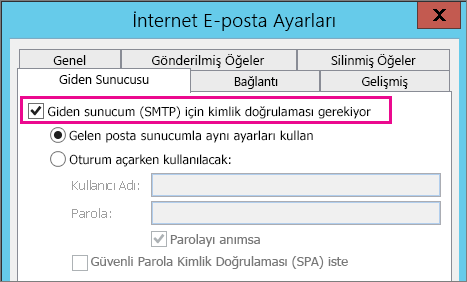 Giden sunucum için kimlik doğrulaması gerekiyor 'u seçin.