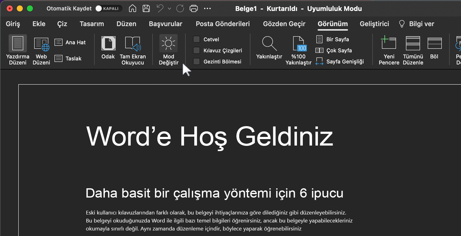 Koyu mod özelliği için modlar arasında geçiş yapın.