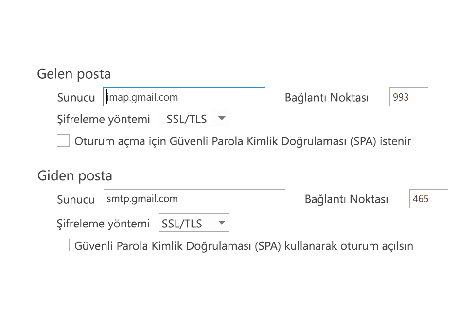 SPA'nın işaretlenmemiş olduğu IMAP ayarları