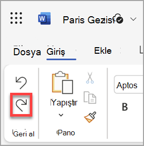 Web için Microsoft Word'de Yinele düğmesi.