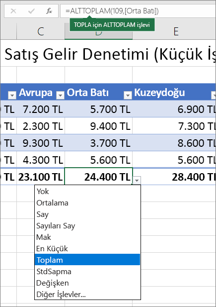 Toplam Satırı formülü açılır listesinden bir Toplam Satırı formülü seçme örneği