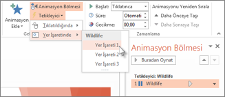 Animasyonu tetikleyerek bir yer işaretinde oynatılmasını sağlama