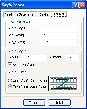 Sayfa Yapısı iletişim kutusunun Sütunlar sekmesi