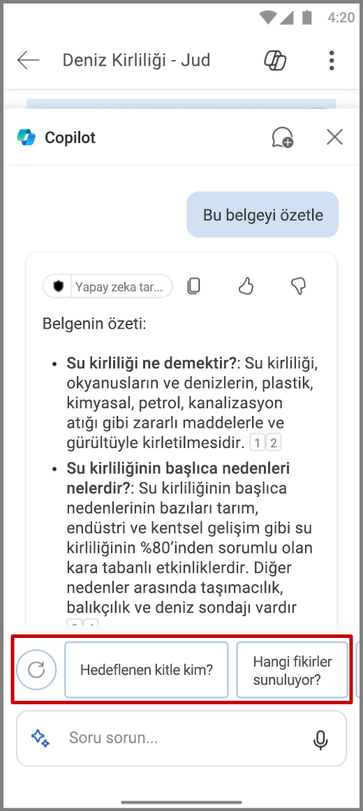 Android cihazda Word'de Copilot'un takip soruları vurgulanmış ekran görüntüsü