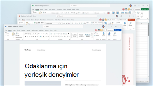 Şeritte görsel güncelleştirmeler ve Windows 11 kullanıcı arabirimiyle eşleşecek şekilde yuvarlatılmış köşelerle görüntülenen Word, Excel ve PowerPoint.