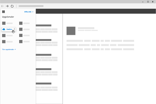 Uygulama başlatıcının açık ve OneDrive uygulamasının vurgulandığı bir tarayıcı penceresi