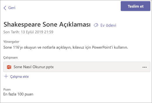 Ödevinizi görüntüleyin ve Teslim et’i seçin.