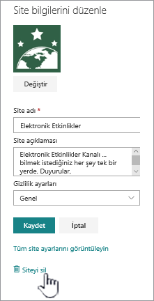 SharePoint ekip sitesi site konumunu silme