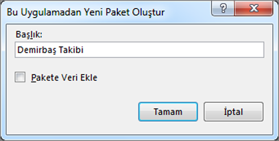 Bu Uygulamadan Yeni Paket Oluştur iletişim kutusu