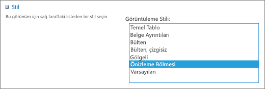 Görünüm ayarları sayfasında stil seçimleri