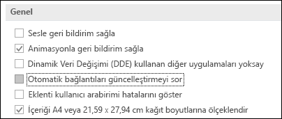 Otomatik bağlantıları güncelleştirmek için sor seçeneğinin resmi