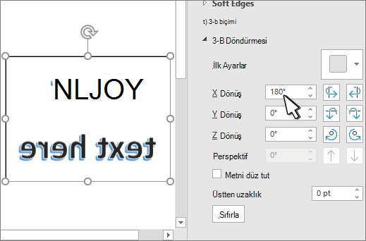 X değeri 180 dereceye ayarlanmış 3-B döndürme ayarları