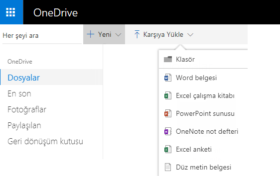 OneDrive.com’dan belge oluşturma işleminin ekran görüntüsü