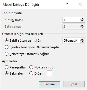 Metni Tabloya Dönüştür iletişim kutusu görüntülenir.