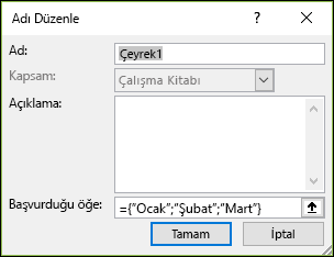 Formüller > Tanımlı Adlar > Ad Yöneticisi > Yeni’den adlandırılmış bir dizi sabiti ekleyin