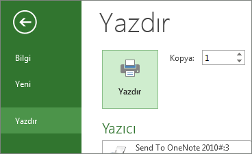 Backstage görünümündeki Yazdır düğmesi ve yazdırma seçenekleri