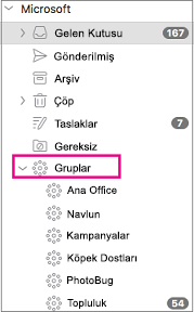 Mac için Outlook 2016'nın klasör bölmesinde listelenen gruplar