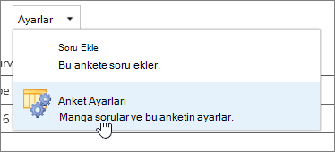 Anket ayarlarının vurgulandığı Anket ayarları menüsü