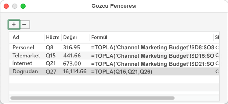 Mac için Excel 2021'de Ad, Hücre, Değer ve Formül bilgilerini görüntüleyen izleme penceresi