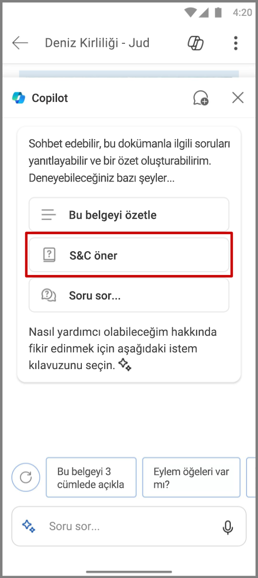 Android cihazda Word'de Copilot'un Bazı Soru ve Cevapları Öner istemi vurgulanmış ekran görüntüsü